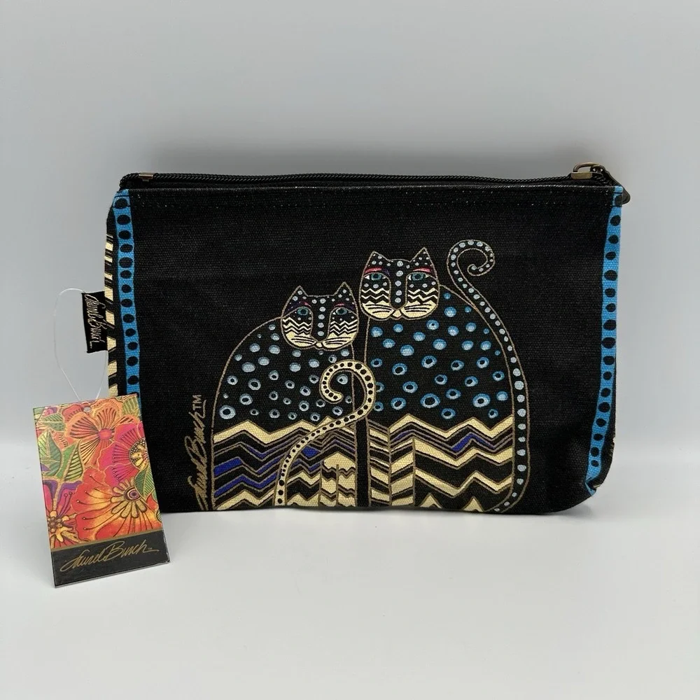 Laurel Burch Cats Zipper Pouch Cosmetic Bag‎ Black Blue Spotted 9